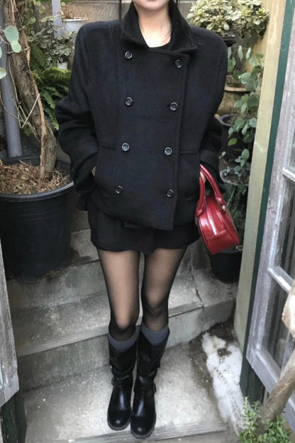 Vintage Preppy Fleece-Lined Wool Blend Short Coat