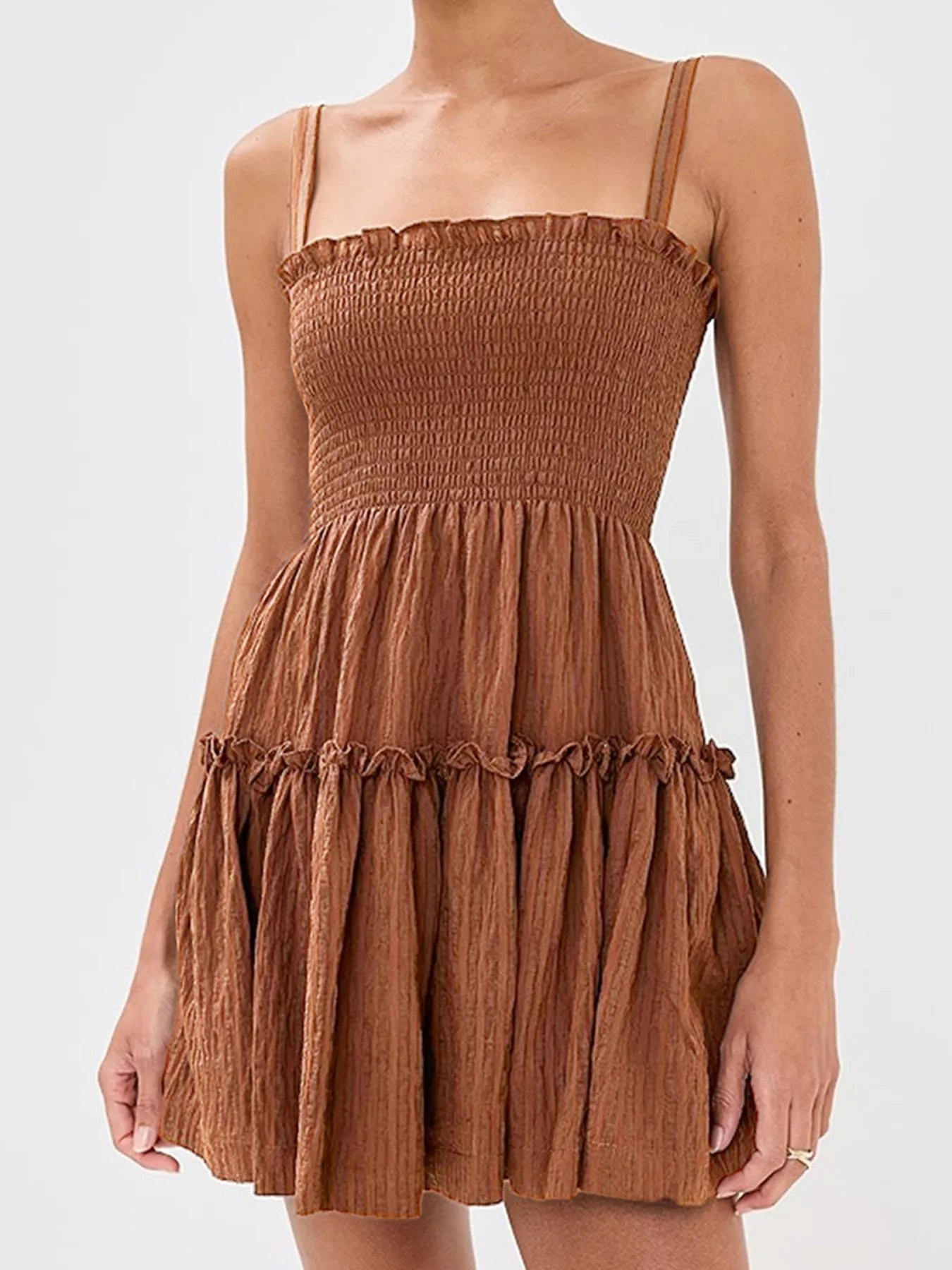 Smocked Square Neck Spaghetti Strap Tiered Ruffle Mini Dress