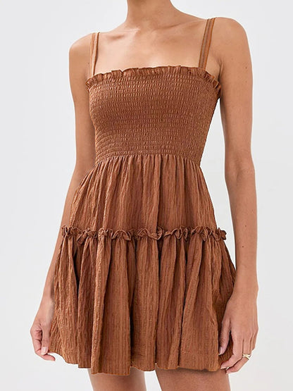 Smocked Square Neck Spaghetti Strap Tiered Ruffle Mini Dress