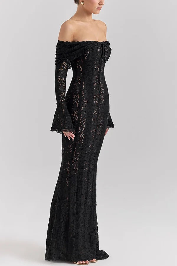 Floral Lace Off Shoulder Flare Sleeve Fishtail Maxi Dresses-White