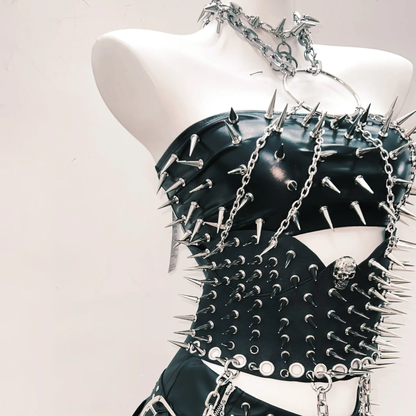 PU leather halter rivet skull metal chain o ring top