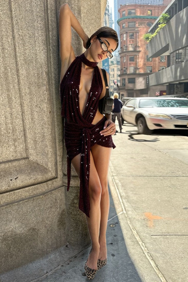 Halter Deep V Waist Cutout Knotted Sequin Choker Mini Dress