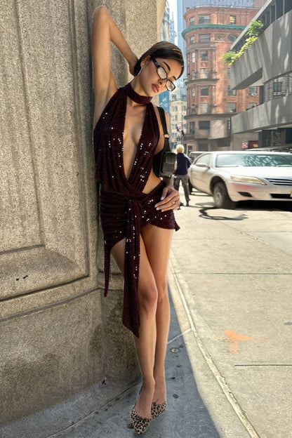 Halter Deep V Waist Cutout Knotted Sequin Choker Mini Dress