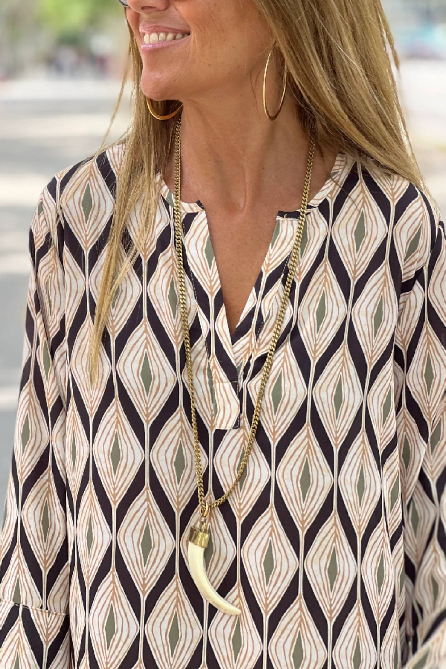 Unique Printed Long Sleeve V-neck Loose Maxi Dress