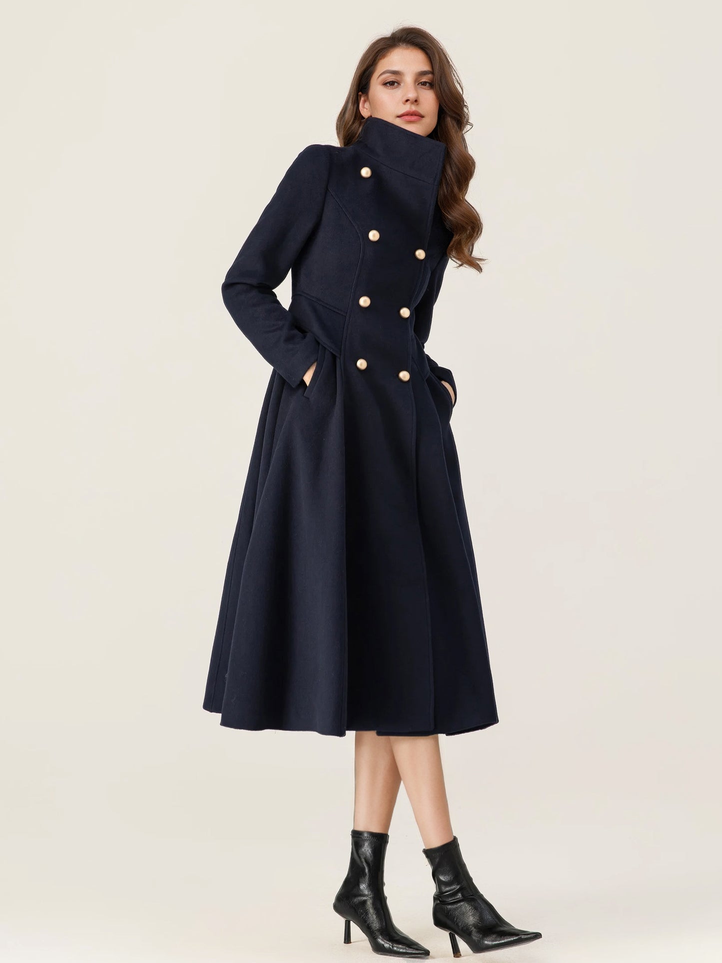 Woolen Flared Coat For Woman Stand Collar Dark Navy Vintage Double-breasted Winter Midi Outerwear 2026