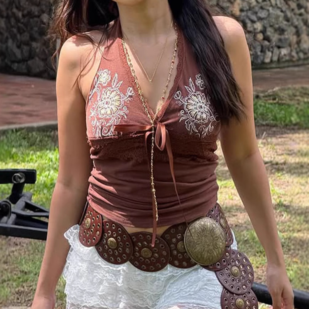 Halter embroidery bowknot lace hem top