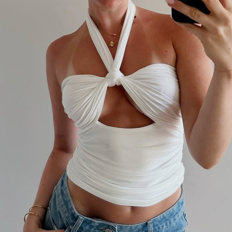 Halter hollow out ruched backless cut out top