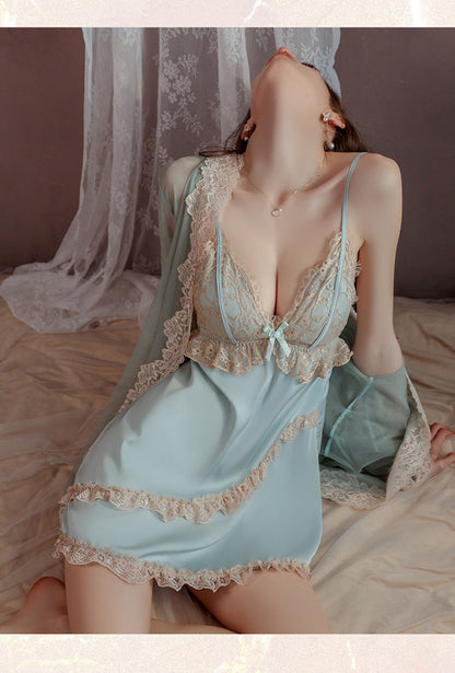 Satin & Lace Sleepwear Set with Robe Backless Padded Cami Dress