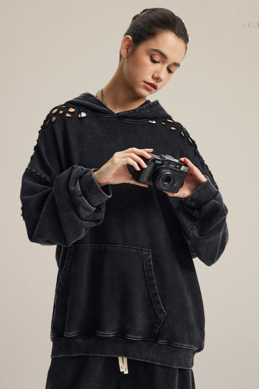 Ripped Washed Snow Print Hoodie