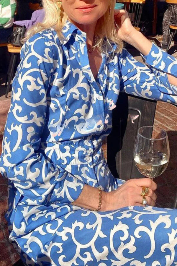 Ethnic Print Lapel Button Pocket Long Sleeve Shirt Maxi Dress