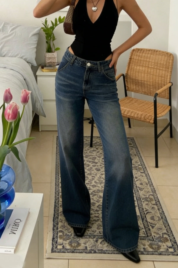 Stylish Pocket Casual Straight Wide Leg Women's Jeans