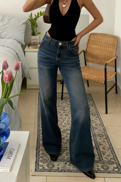 Stylish Pocket Casual Straight Wide Leg Women's Jeans