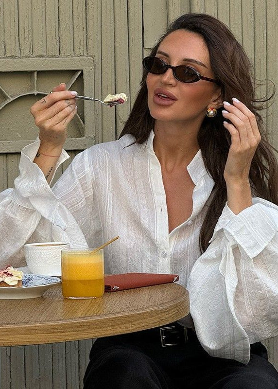 Averine - White Button-Up Shirt with Statement Balloon Sleeves