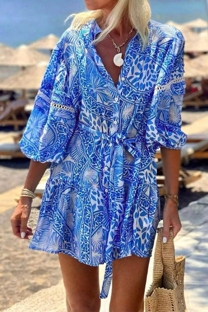 Fashion Stand Collar Shift Printed Resort Mini Dress