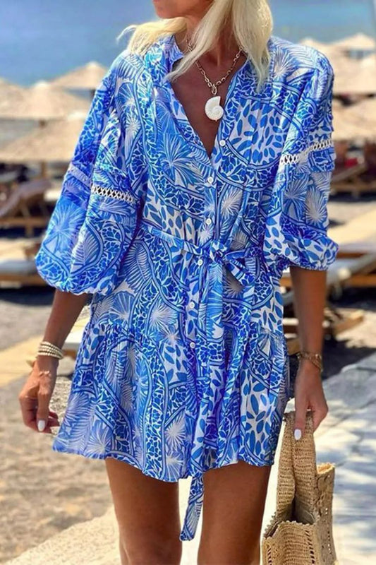 Fashion Stand Collar Shift Printed Resort Mini Dress