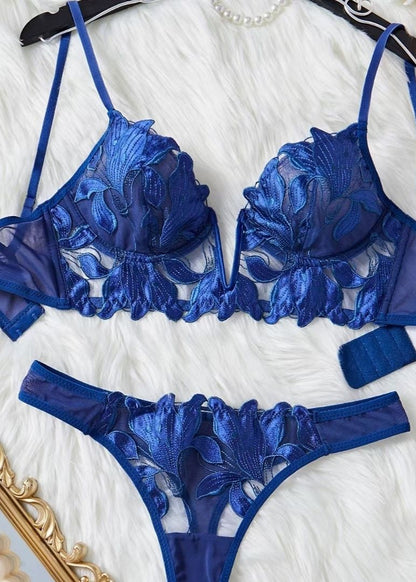 Azure Bloom - Embroidered Mesh Lingerie Set