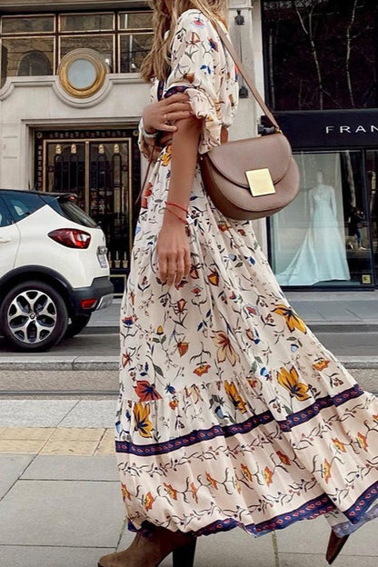 Bohemian Floral Print Long Sleeve Maxi Dress