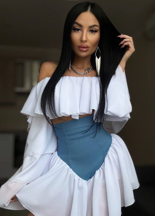 Celestina – Off-Shoulder Ruffle Sleeve Two-Tone Mini Dress