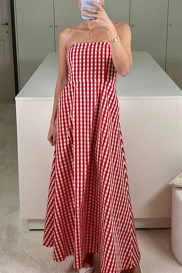 Red Strapless Plaid Dress