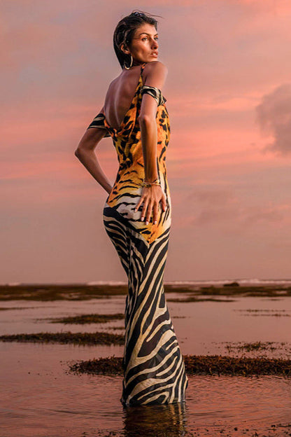 Animal Print Cowl Neck Vacation Maxi Dress