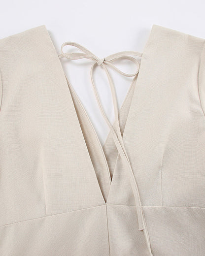 Cotton and Linen V Neck Puff Sleeve Backless Dress
