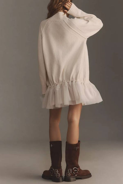 Holiday Cutie Knit Long Sleeve Turtleneck Tulle Twofer Mini Dress