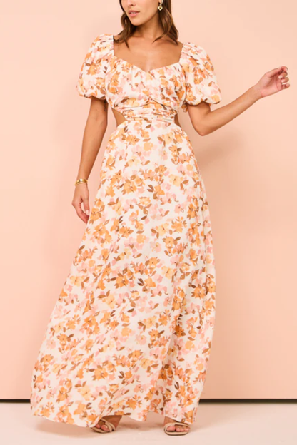 Elastic puff sleeves pleated waist back hollow sweet long skirt