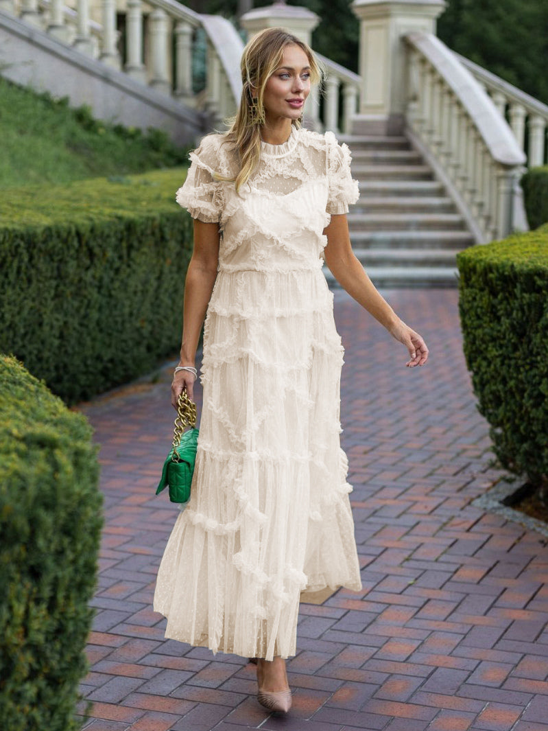 Ruffles Dress Illusion Neckline Ruffles Layered Tulle Maxi Dresses