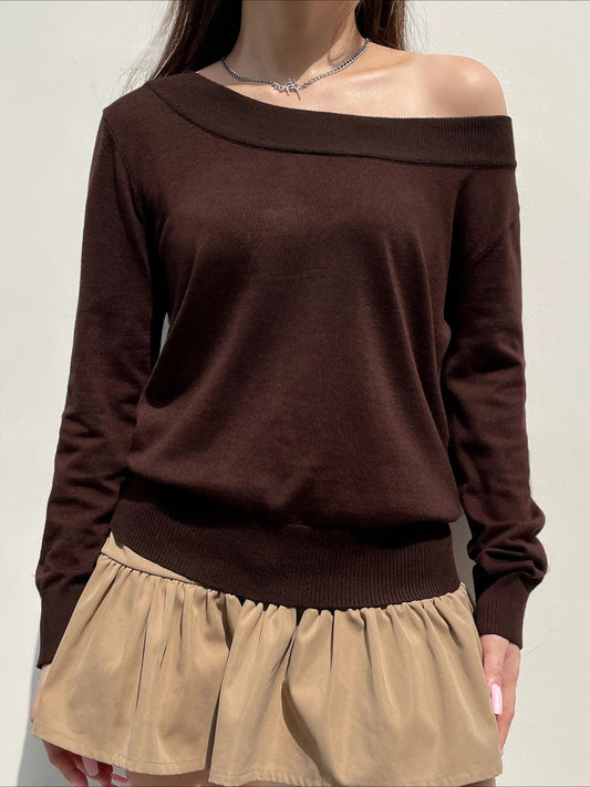 Solid Knitted Slash Neck Long Sleeve Pullover Sweater