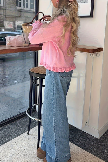 Solid Relaxed Lace Trim Long Sleeve Knit Cardigan