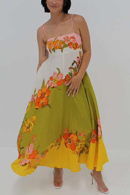 Linen Blend Contrast Floral Print back smocked Pocket Maxi Dress