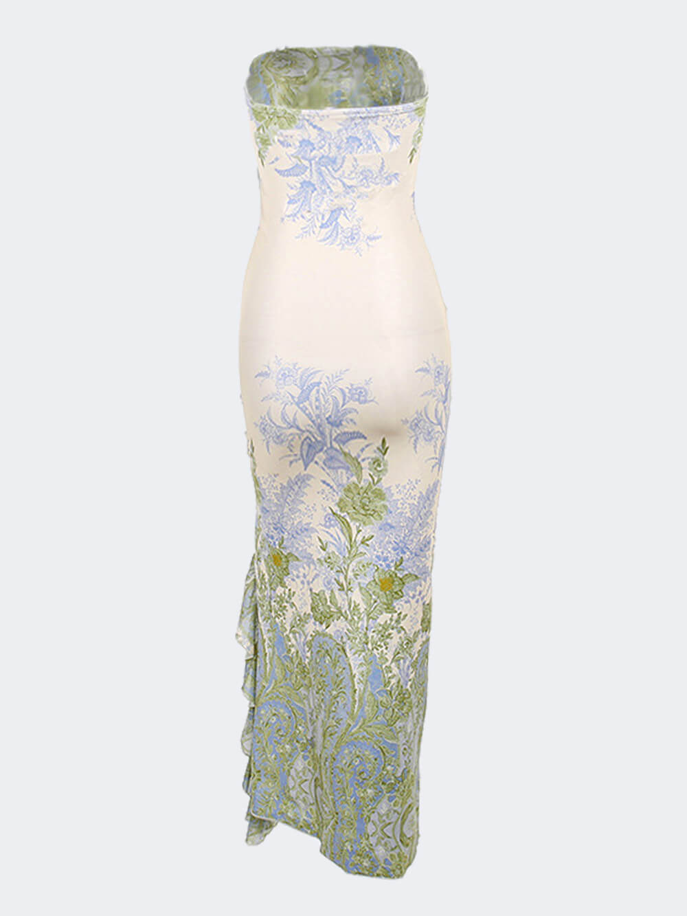 Botanical Floral Strapless Ruffle Slit Column Maxi Dress