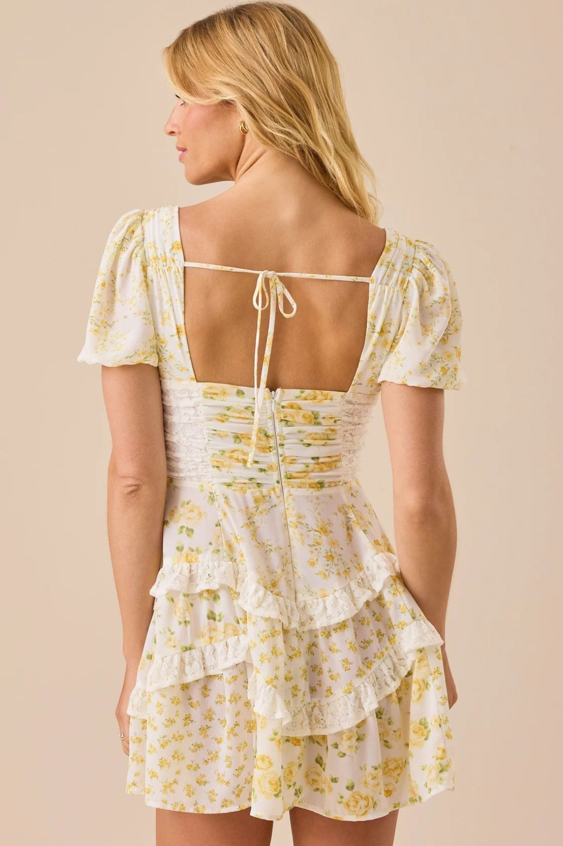 Floral Print Puff Sleeve Lace Smocked Waist Tiered Ruffle Mini Dress