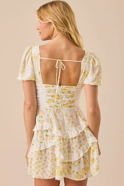 Floral Print Puff Sleeve Lace Smocked Waist Tiered Ruffle Mini Dress
