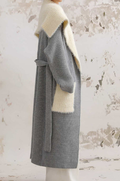 Faux Fur Collar Long Patchwork Loose Knit Overcoat