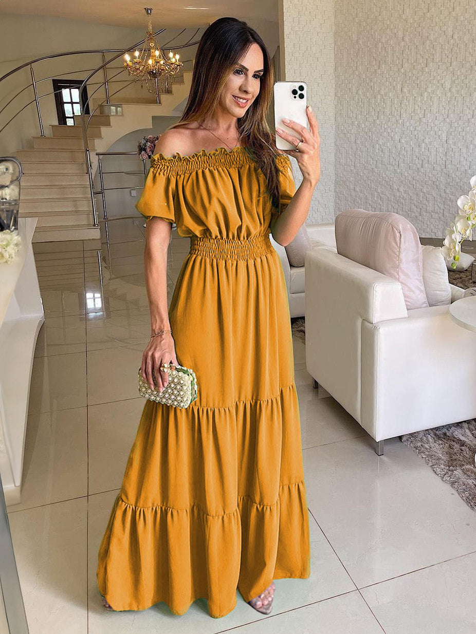 Off Shoulder Smocked Maxi Dress For Women - Boho Tiered A-Line Beach Gown with Puffy Sleeves - Summer Vacation 2026