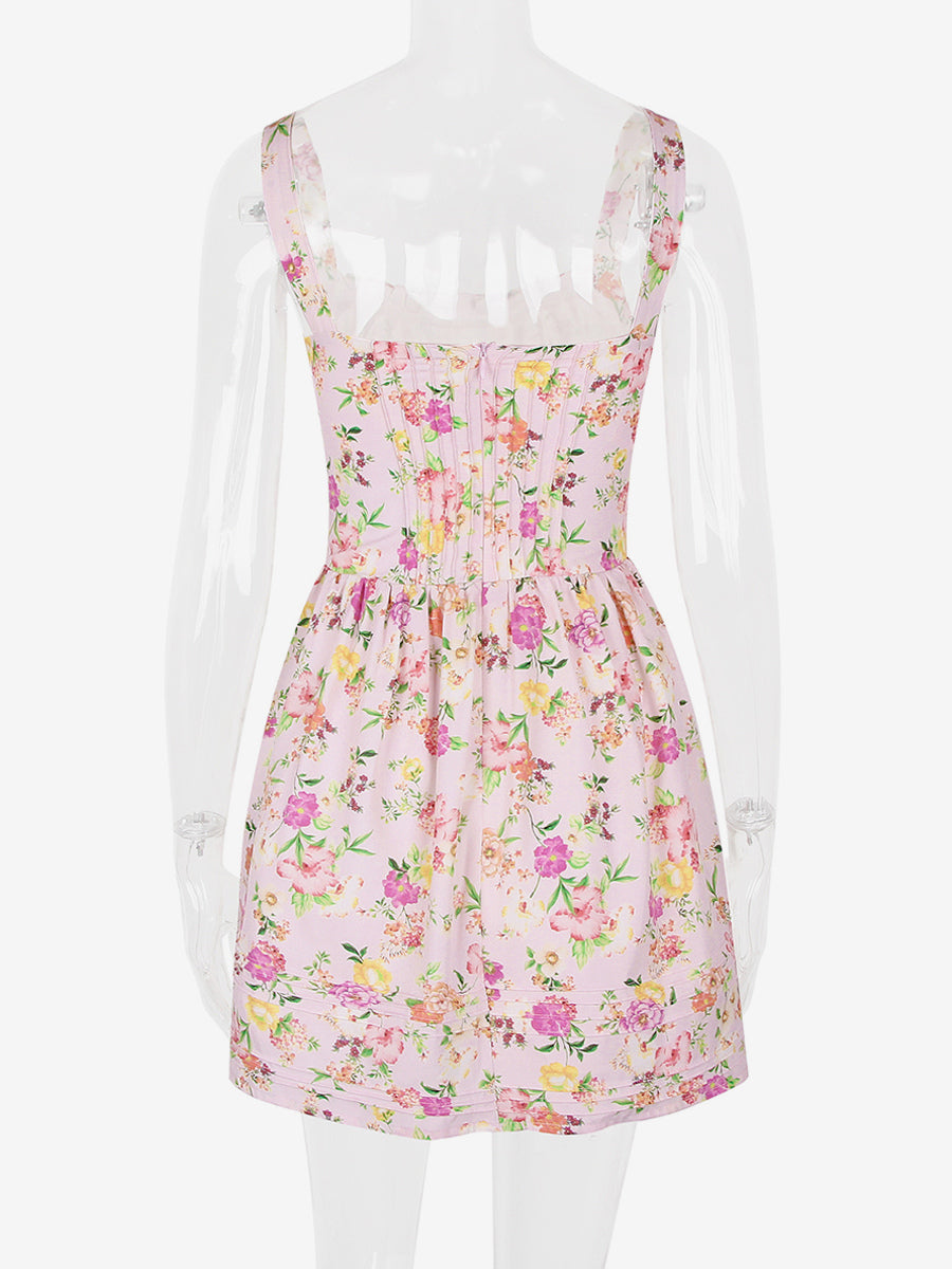 Floral Dress Mini Dresses Lace Up Straps Neck Sleeveless Cottagecore Short Dress