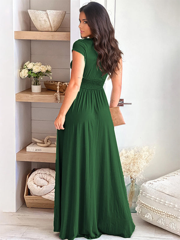 Burgundy Short Sleeves Party Dress V-Neck Empire Waist Slit Elegant Maxi Dresses