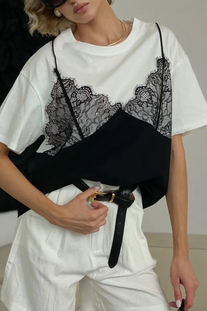 Fashionable Lace Patchwork Loose-fitting Round Neck Short-sleeved T-shirt