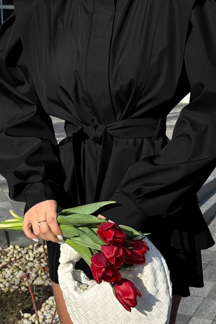 Tie-Waist Collared Long-Sleeve Loose Trench Coat