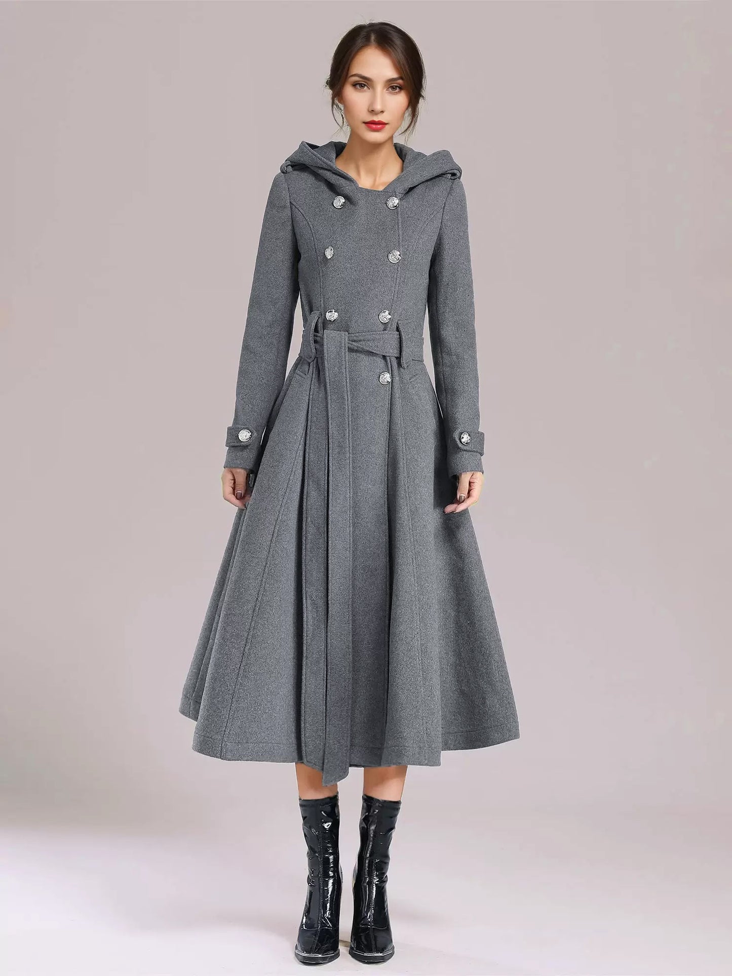 Double-breasted Woolen Coat With Hood Burgundy Belted Winter Long Outerwear For Women 2026