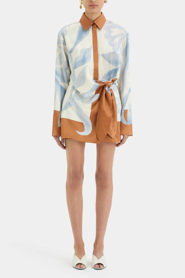 Lake Days Satin Colorblock Unique Print Tie-up Shirt Mini Dress