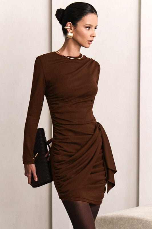 Crew Neck Long Sleeve Side Ruched Draped Wrap Mini Dress