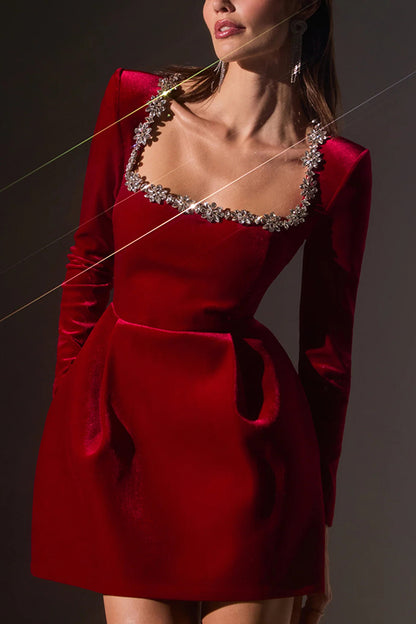 Endless Celebration Velvet Jewel Embellished Trim Long Sleeve Pocketed Mini Dress