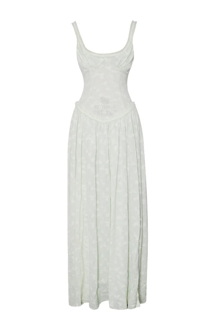 Ulissa Light Green Square Neck Jacquard Textured High Slit Maxi Dress