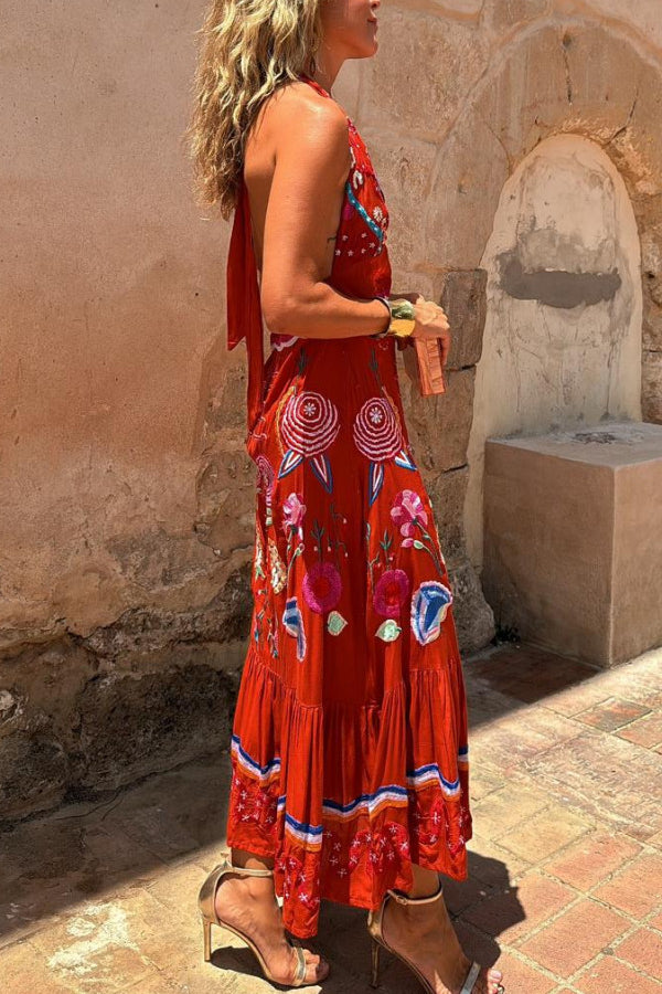 V-neck Casual Oil Painting Print Art Suspender Dress