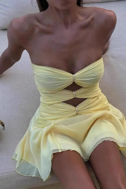 Strapless Cutout Twist Front Pleated Chiffon Fit and Flare Mini Dress