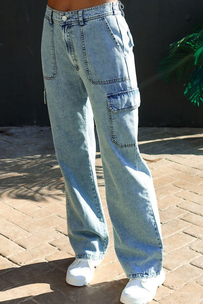 Washed denim multi-pocket non-stretch overalls