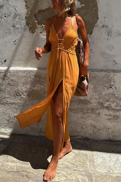 Linen Blend Elastic Waist Halter Backless Pocket Slit Midi Dress