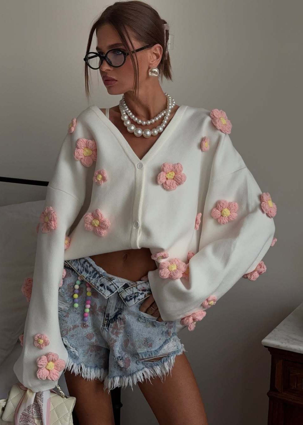 Blush Bloom - 3D Floral Knit Cardigan with V-Neck